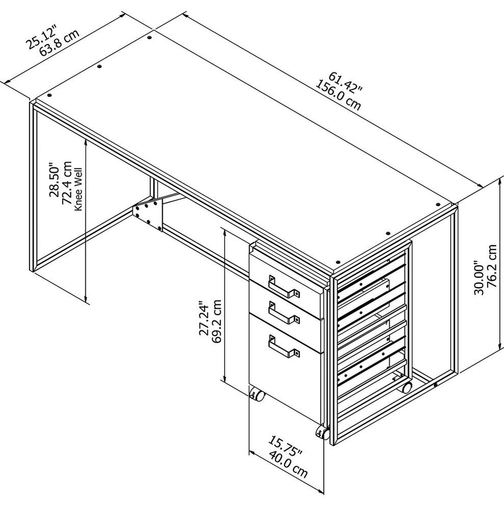 Refinery 62W Industrial Desk with 3 Drawer Mobile File Cabinet