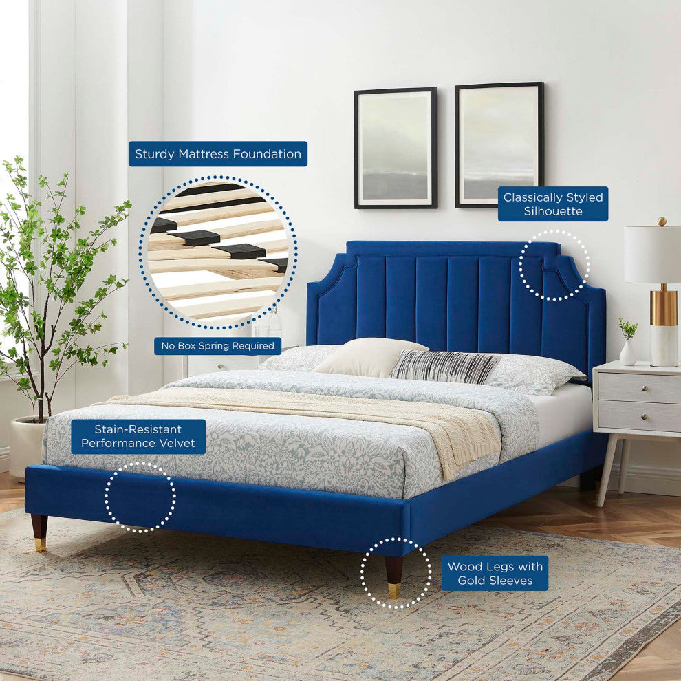 Platform Bed Frame, King Size, Velvet, Blue Navy, Modern Contemporary, Bedroom