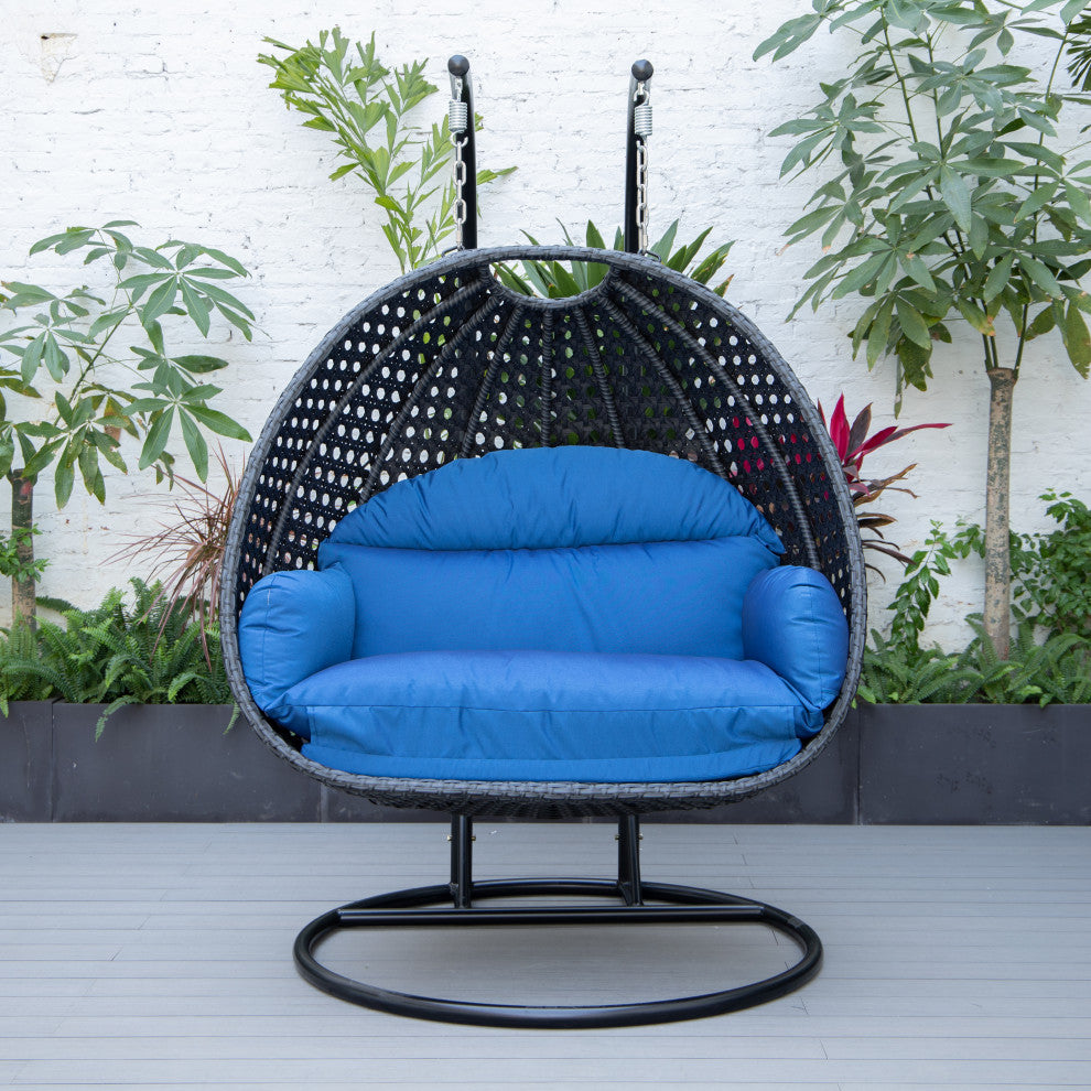 LeisureMod Mendoza Charcoal Wicker Hanging Double Egg Swing Chair, Blue