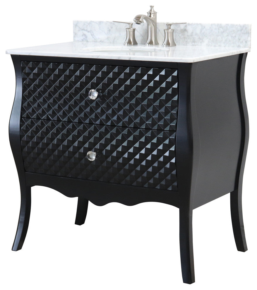 35.4" Single Sink Vanity, Wood, Black, White Marble Top