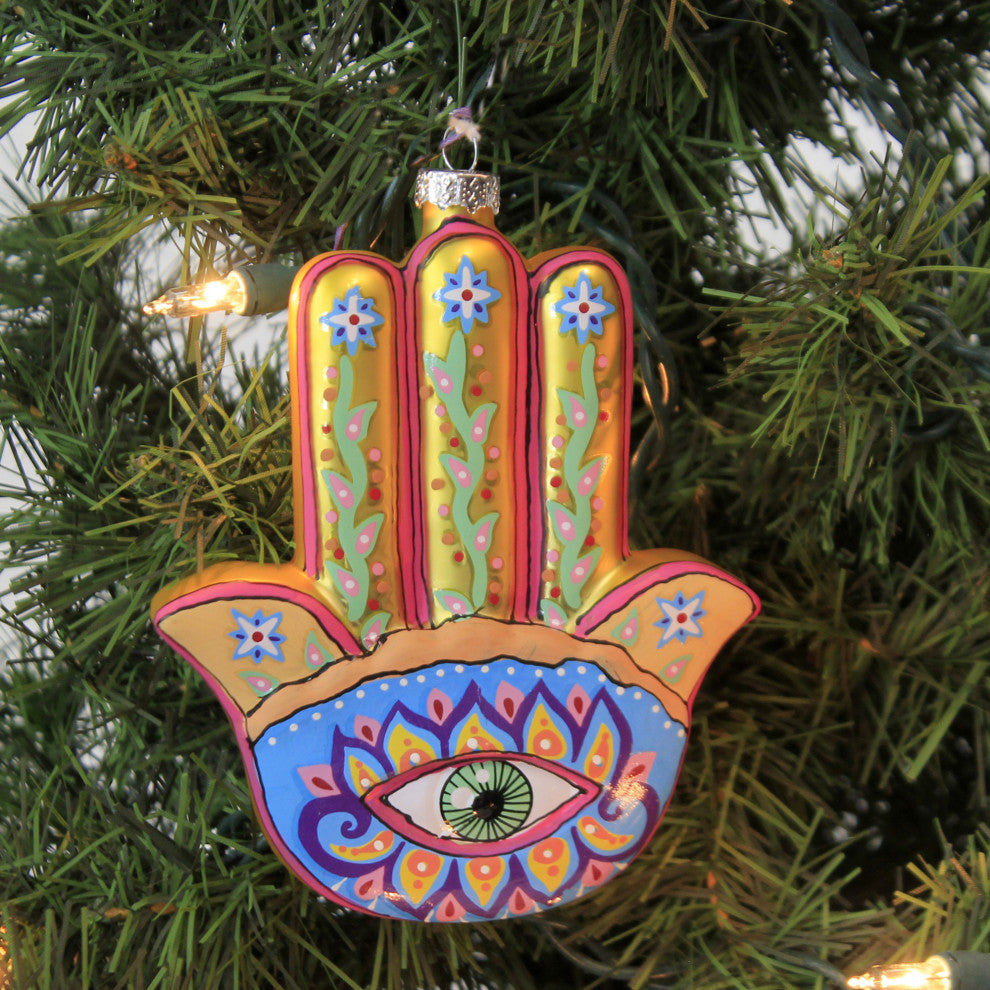 Holiday Ornament Hamsa Hand Glass Ayin Hara Evil Eye Faith Belief Go4113 Gold