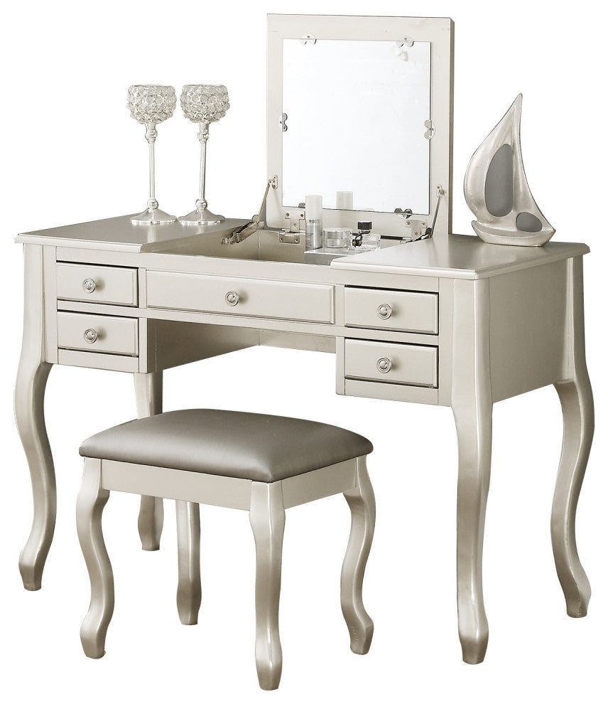 Flip Up Mirror Vanity Set With Stool, Silver