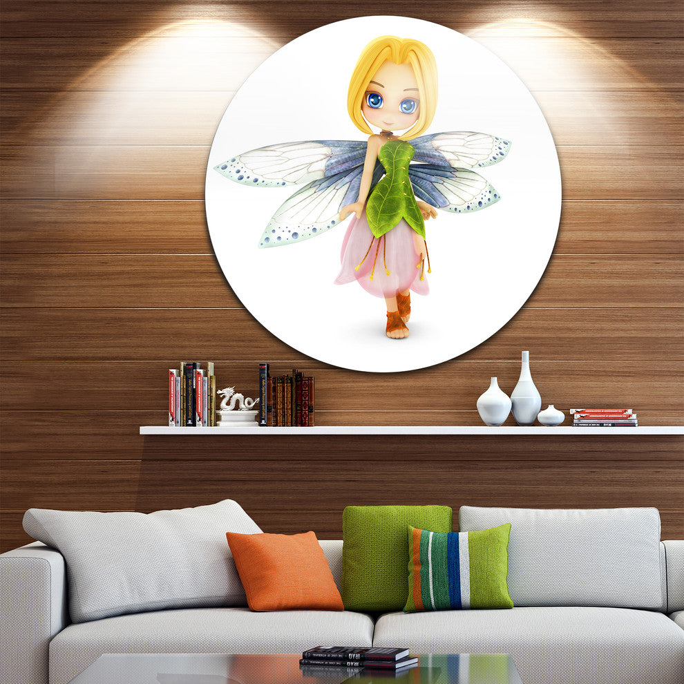Fairy Woman With Blue Wings, Floral Painting Disc Metal Wall Art, 38"