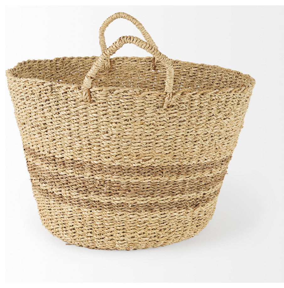 Vance Light Brown Palm Leaf and Seagrass Round Basket With Handles, 2-Piece Set