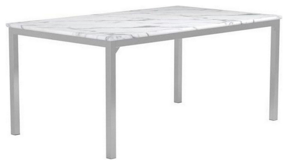 Benzara BM230351 Faux Marble Dining Table With Straight Metal Legs, Gray/White