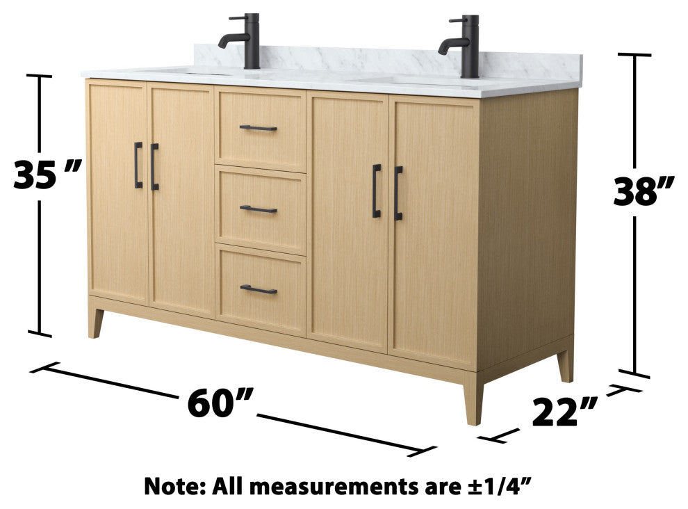 Elan 60" Double Vanity, White Oak, White Carrara Marble Top, Black Trim
