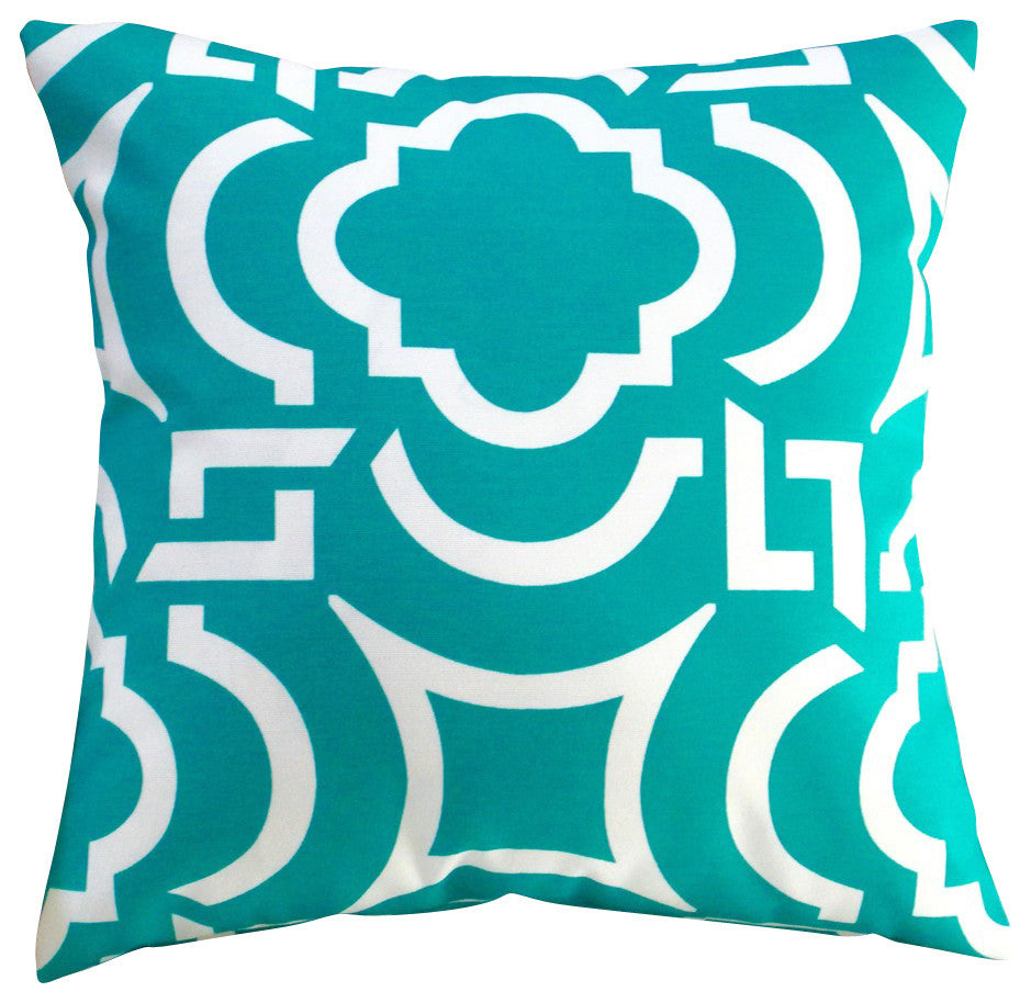 Outdoor Modern Geometric Throw Pillows, Set of 2, Teal, 18", Cover and Insert
