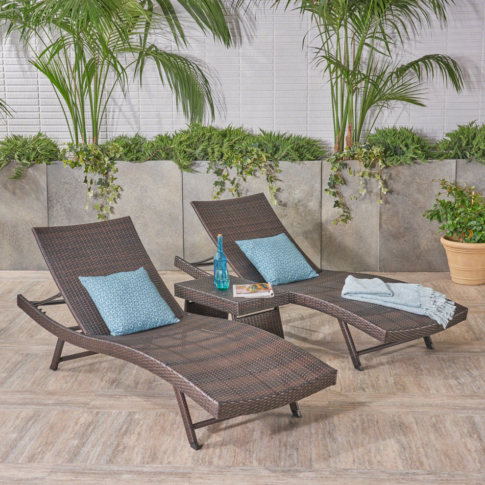GDF Studio 3-Piece Hawthorne Wicker Chaise Lounge Set, Multibrown