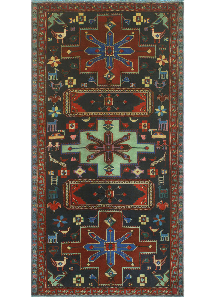 Fine Vintage Distressed Hadassah Navy/Red Runner, 4'10x9'10