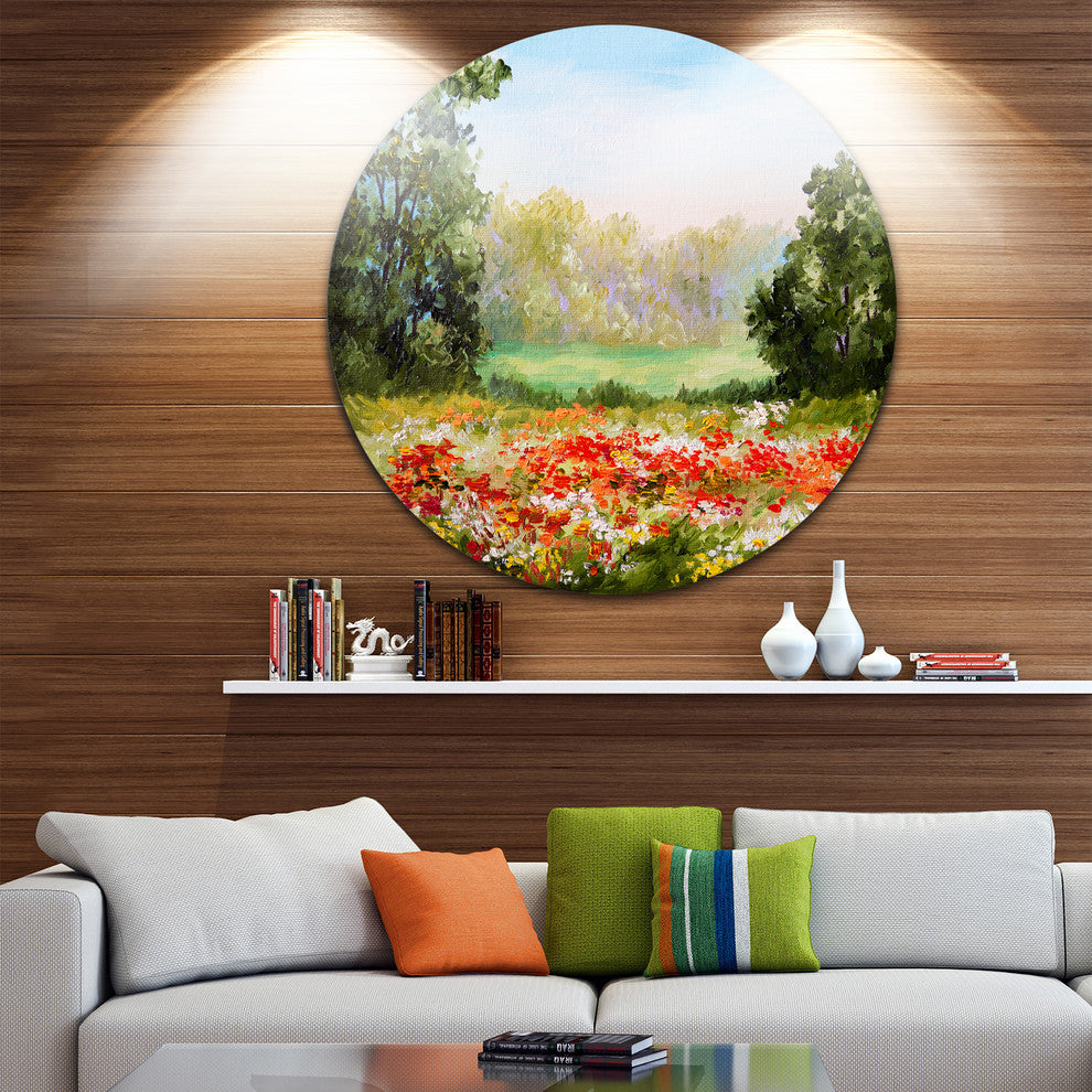 Poppy Field With Sky, Landscape Disc Metal Wall Art, 23"
