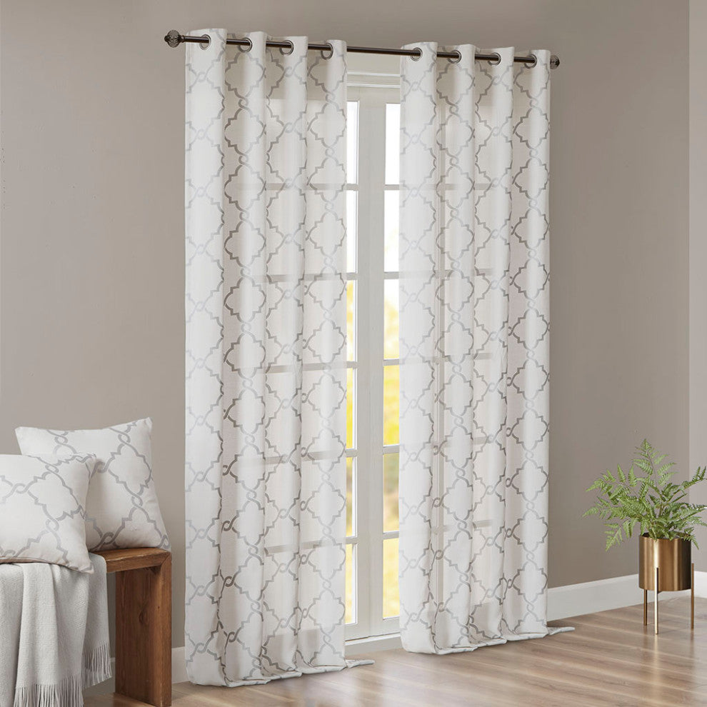 Madison Park Saratoga Fretwork Print Grommet Top Window Curtain Panel, Ivory