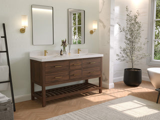 Parker Teak 60" Double Sink Vanity, Dark Walnut Teak, 60" Double, 2" White Quartz