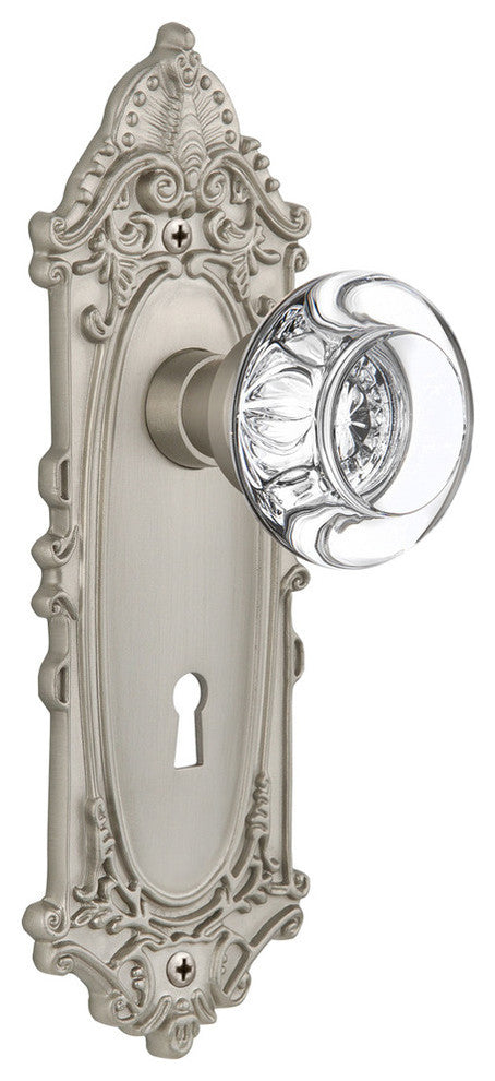 Victorian Plate With Round Clear Crystal Knob, Satin Nickel