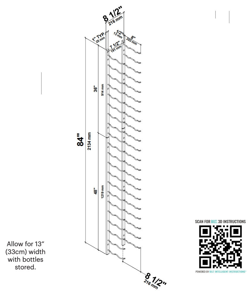 W Series Wine Rack 7, Wall Mounted Metal Bottle Storage, Matte Black, 42 Bottles, Double Deep