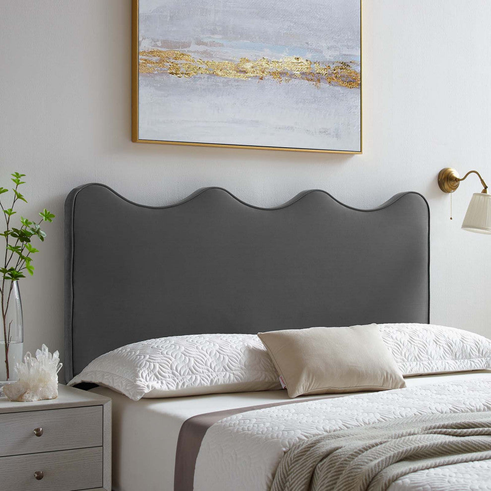 Headboard, Full Queen Size, Velvet, Dark Gray, Modern Contemporary, Bedroom