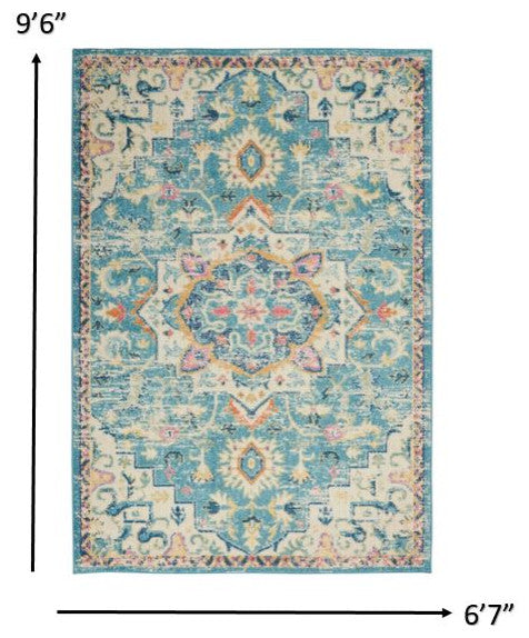 7 x 10 Light Blue and Ivory Distressed Area Rug