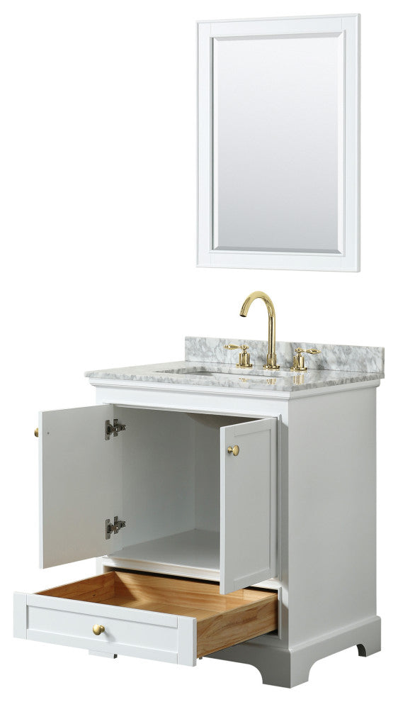 30" Single Bath Vanity, White, Carrara Countertop, Sink, Gold Trim, 24" Mirror
