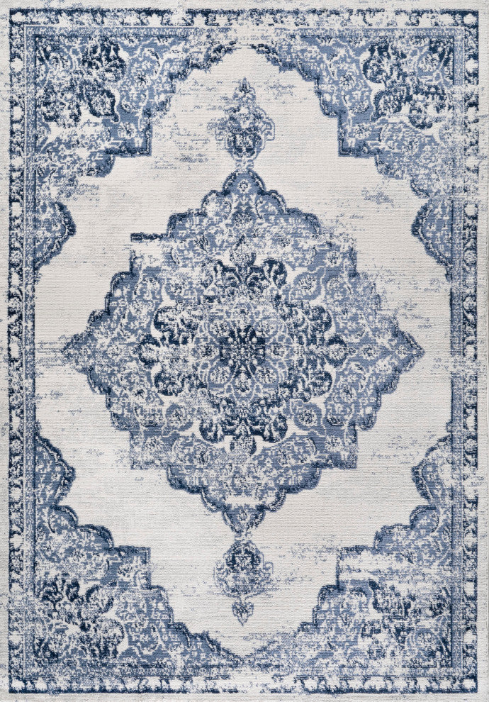Alhambra Ornate Medallion Modern Runner Rug, Light Blue/Ivory, 5x8