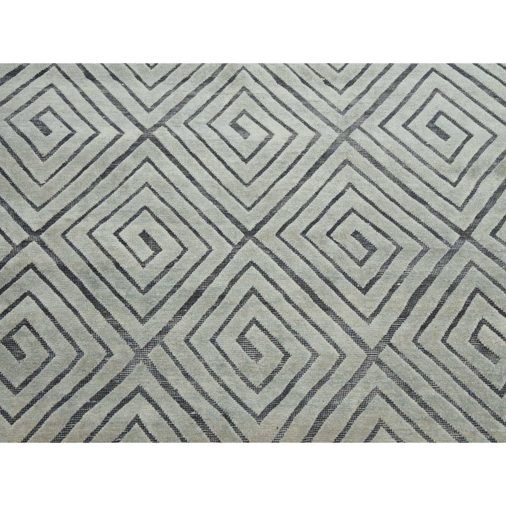 Ivory, Modern Roman Key Design, Silk With Wool Hand Knotted Rug, 9'0"x12'1"