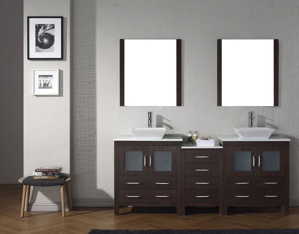 Virtu Dior 78" Double Bathroom Vanity, Espresso With Faucet and Mirrors