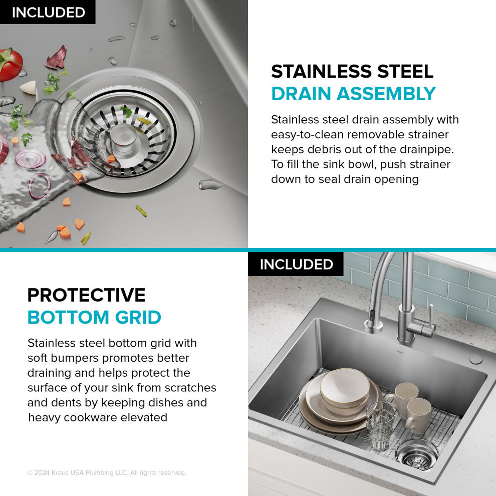 KRAUS Fairlane 25" Drop, / Top Mount 1-Bowl Stainless Steel Kitchen Sink