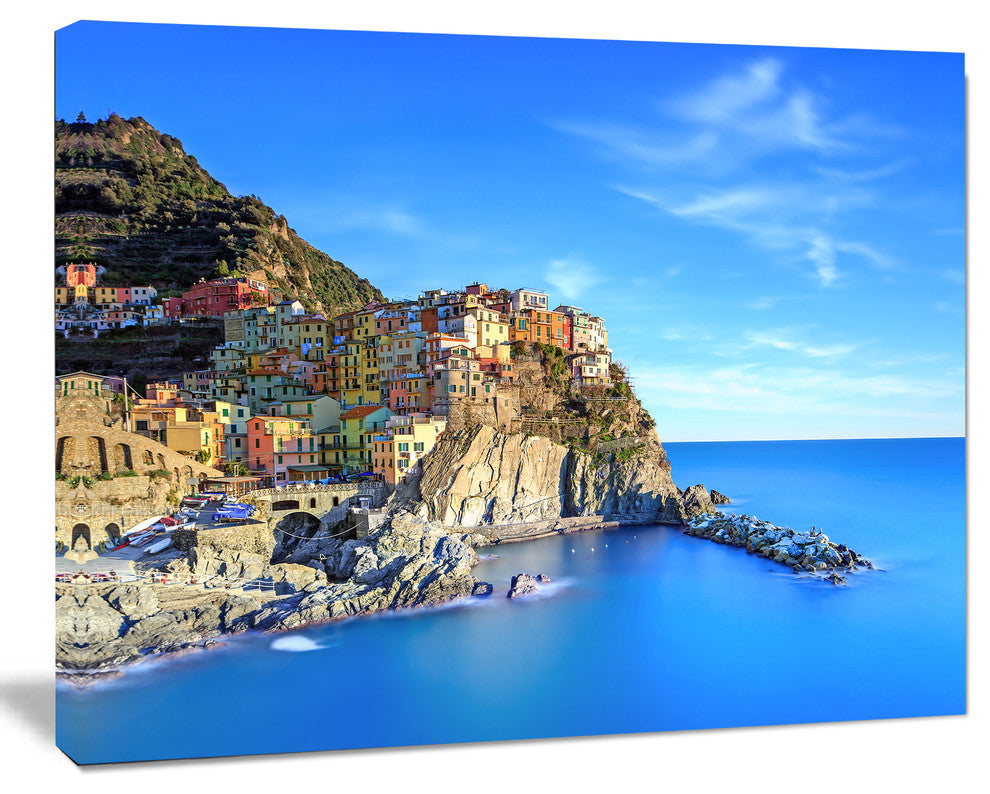 Manarola Village in Rocks and Sea, Beach Photo Canvas Print, 20"x12"