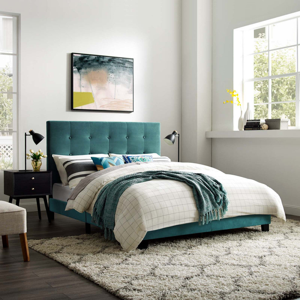 Sea Blue Melanie Queen Tufted Button Upholstered Performance Velvet Platform Bed