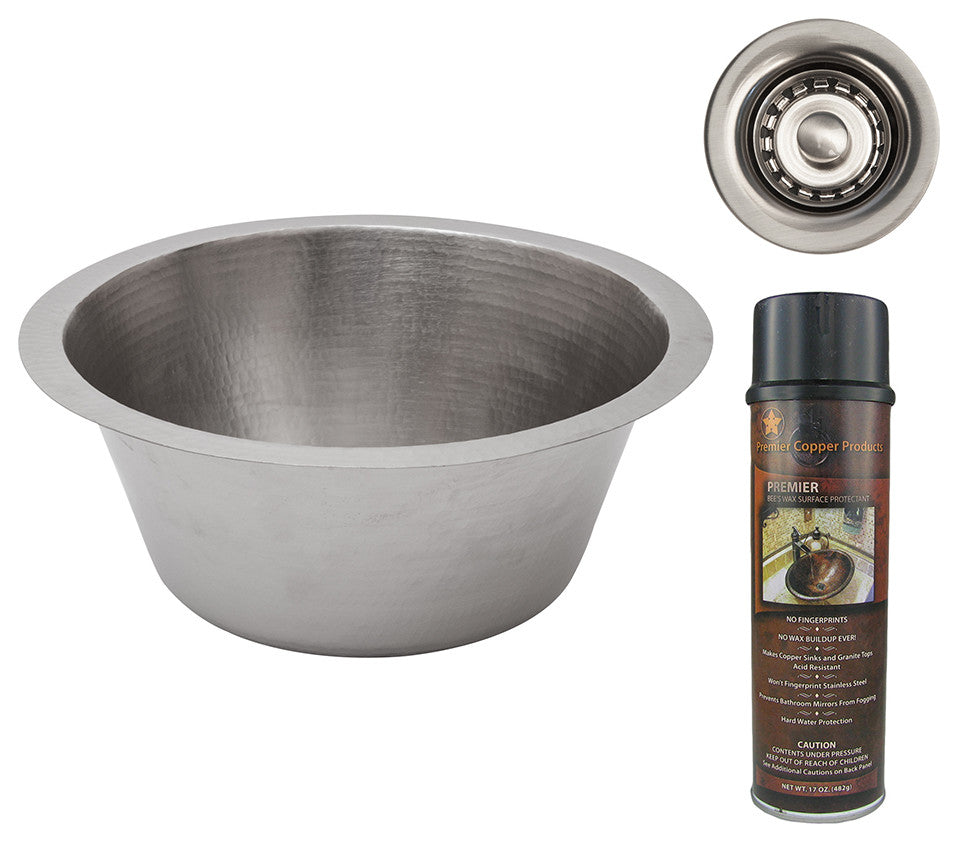 16" Round Hammered Copper Bar Sink, Nickel, 2" Drain Opening
