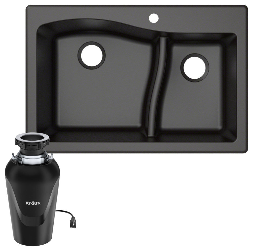 Quarza 33" Drop-in Undermount Granite Kitchen Sink, Garbage Disposal