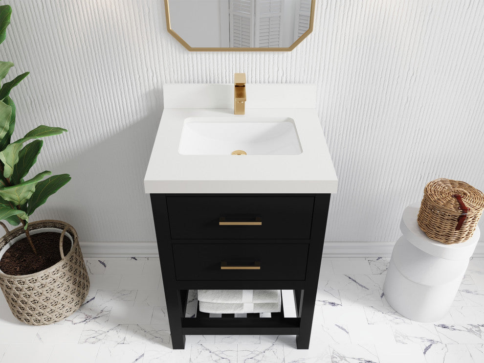 Parker 24" Single Sink Bath Vanity, Black 2" White Quartz