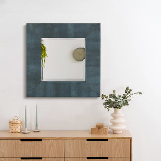 Beveled Wall Mirror, Black on Blue Metallic Shagreen Leather Framed Mirror