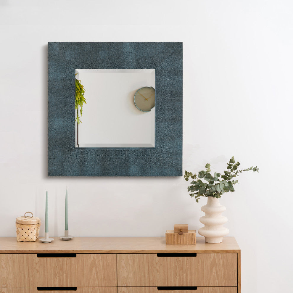 Beveled Wall Mirror, Black on Blue Metallic Shagreen Leather Framed Mirror