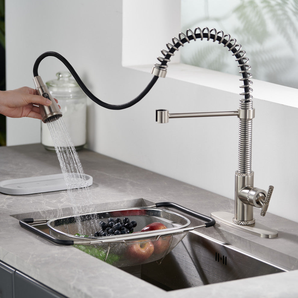 Single Handle Kitchen Faucet Pull-Down Sprayer, 360 Swivel, Three Functions, Brushed Nickel