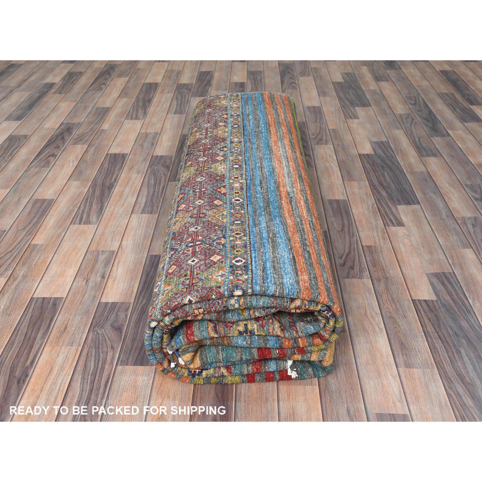 Colorful Afghan Super Kazak Wool Hand Knotted Oriental Rug, 9'10"x13'2"