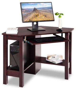 Costway Wooden Corner Desk With Drawer Computer PC Table Office Room Brown