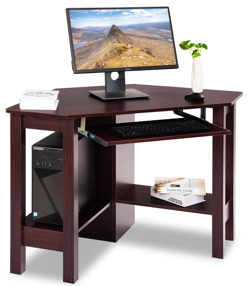 Costway Wooden Corner Desk With Drawer Computer PC Table Office Room Brown