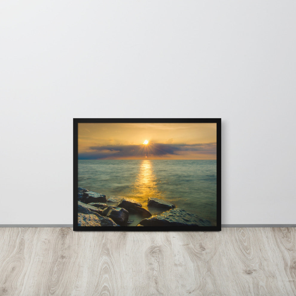 Sun Ray on the Water Coastal Landscape Framed Photo Paper Wall Art Print, Black, 18" X 24"