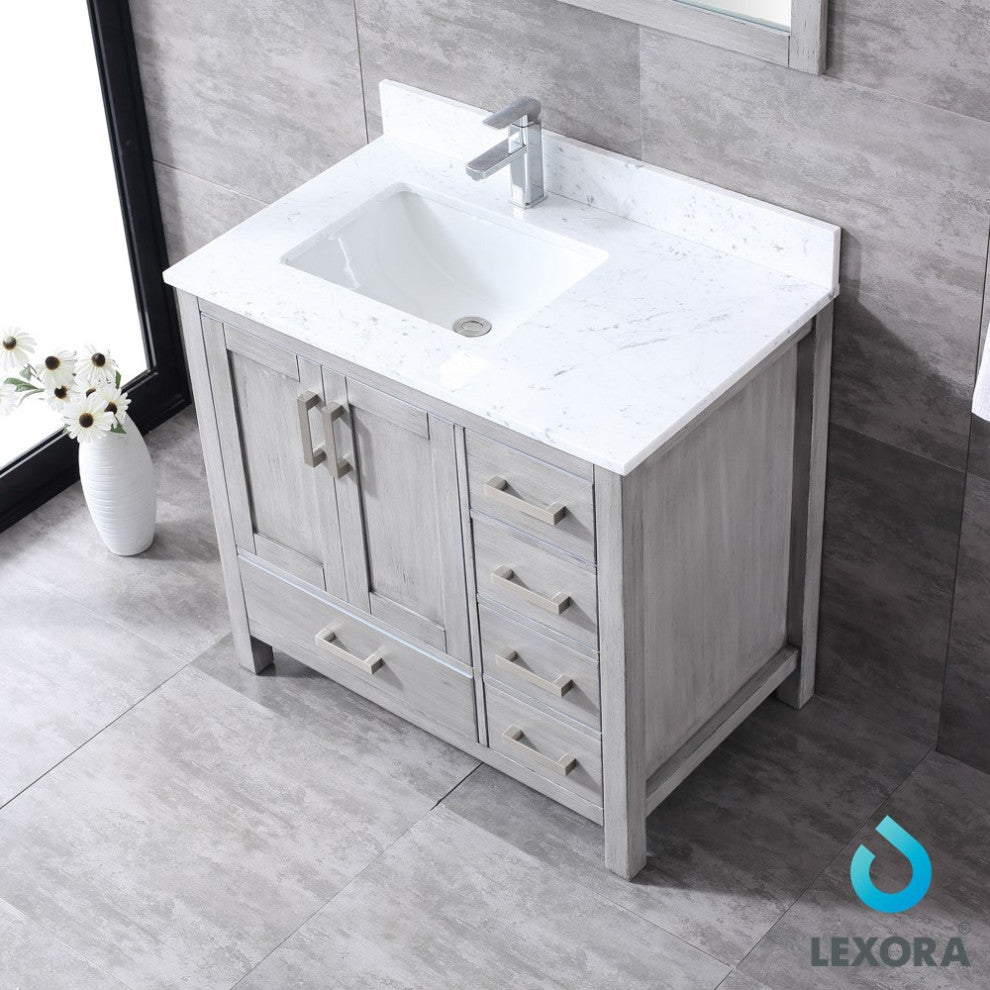 Jacques 36" Gray Single Vanity Carrara Marble Top Sink, 34" Mirror Left