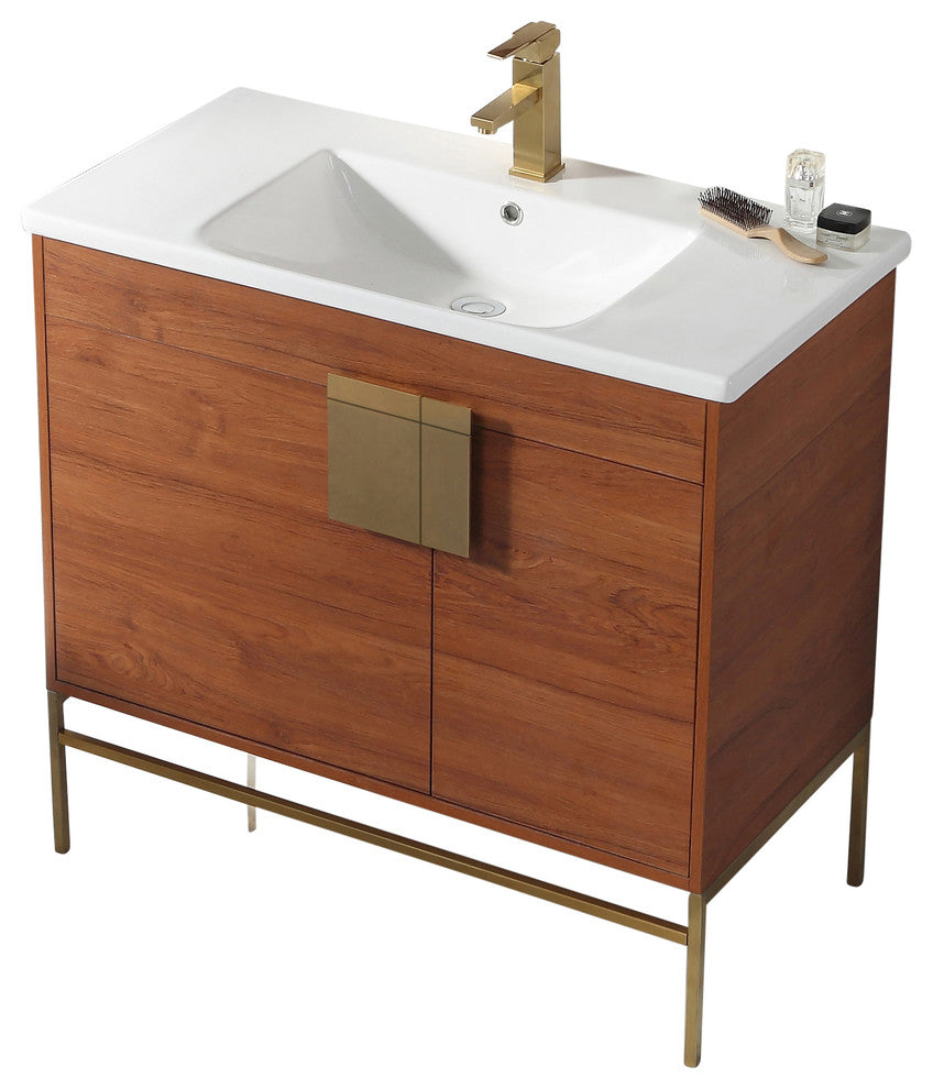 Modern Wallnut Bathroom Vanity Set, Satin Brass Hardware, Vireous China Sink Top