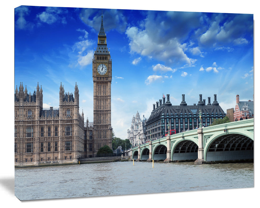 Houses of Parliament and Westminster Bridge, Cityscape Canvas Art Print, 60"x28"
