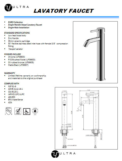 Ultra Faucets UF3660X Single Handle Bathroom Faucet, Matte Black