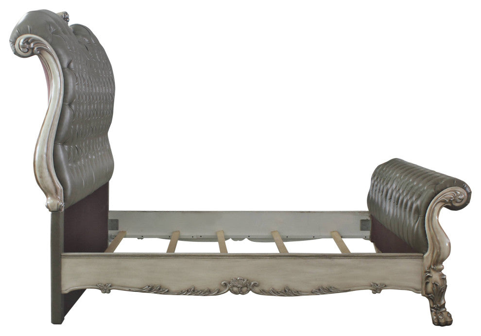 Acme Dresden Eastern King Bed w Tuffting and Nail Trim Vintage Bone White and PU