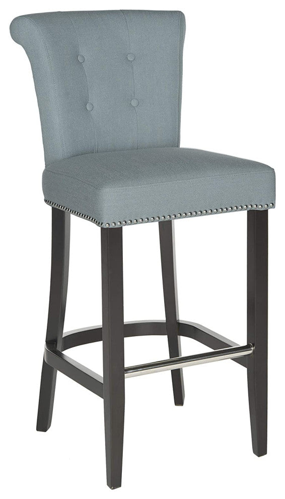 Contemporary Bar Stool, Polyester Seat With Button Tufted Rolled Back, Sky Blue