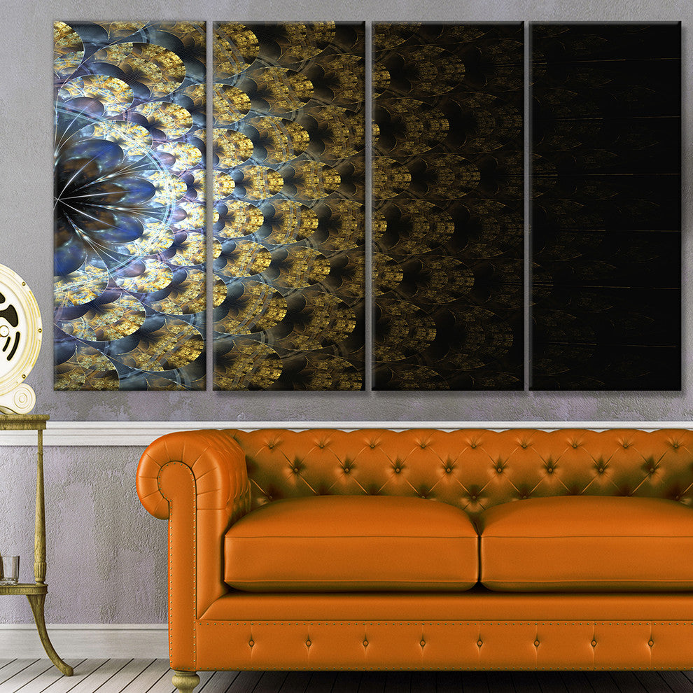 Symmetrical Gold Fractal Flower, Abstract Wall Art Canvas, 48"x28", 4 Panels