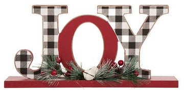 11.42" Christmas Wooden Plaid JOY Table Decor