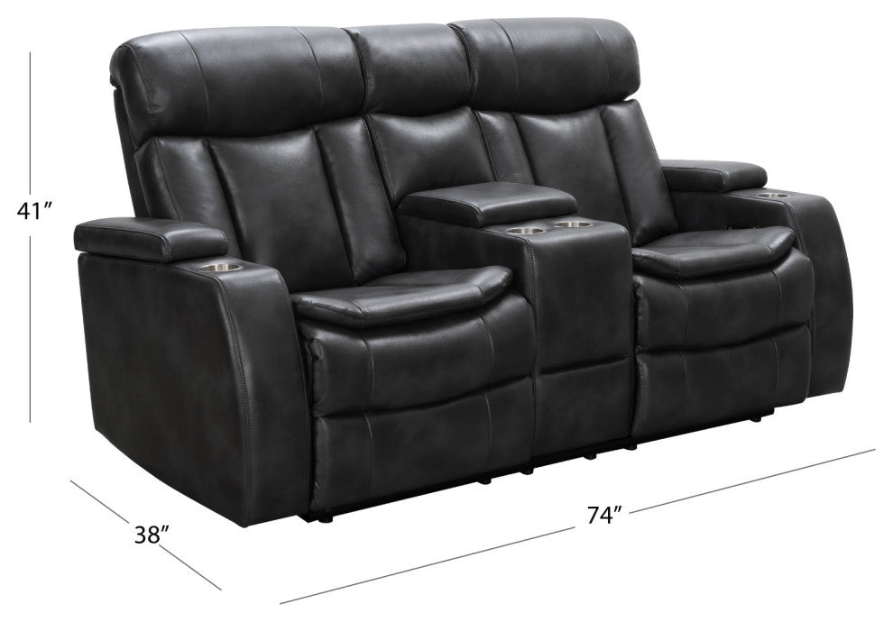 Marley Leather Power Reclining Console Loveseat, Power Headrest, Black