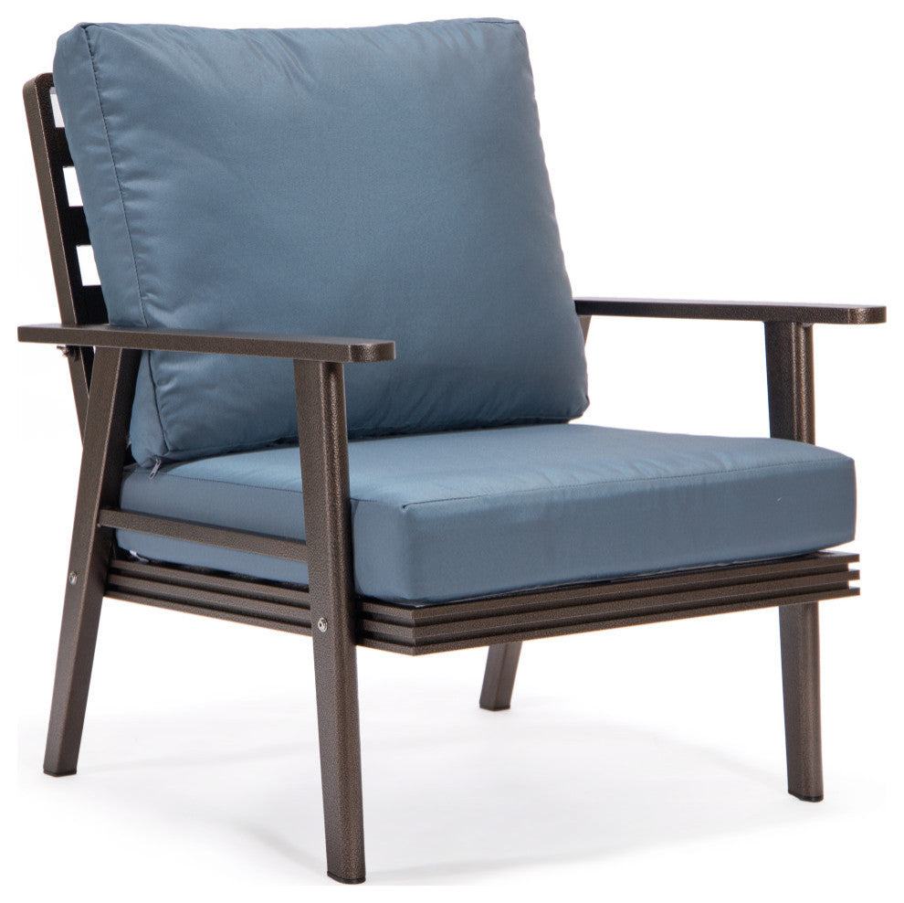 LeisureMod Walbrooke Brown Patio Sofa Set With Round Fire Pit Table, Navy Blue