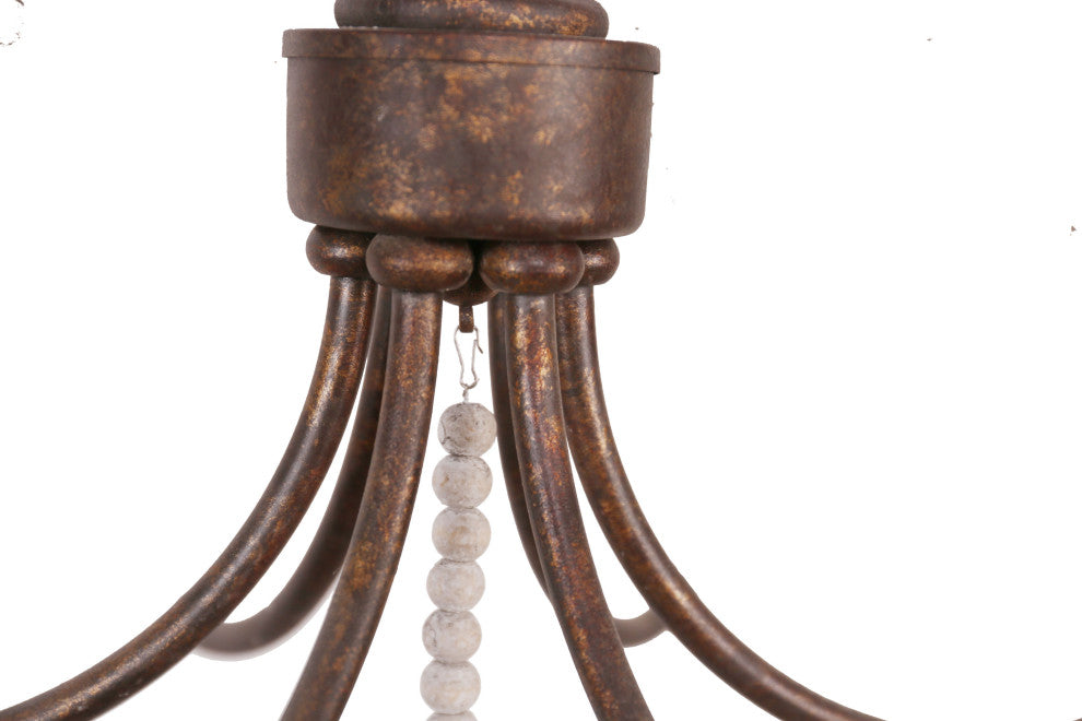 6-Light French Country chandelier With Wood Bead Strings Distressed Wood, Rusty