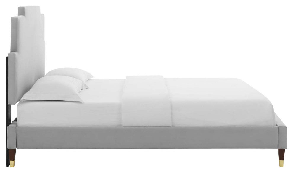 Platform Bed Frame, Queen Size, Velvet, Light Gray, Modern Contemporary