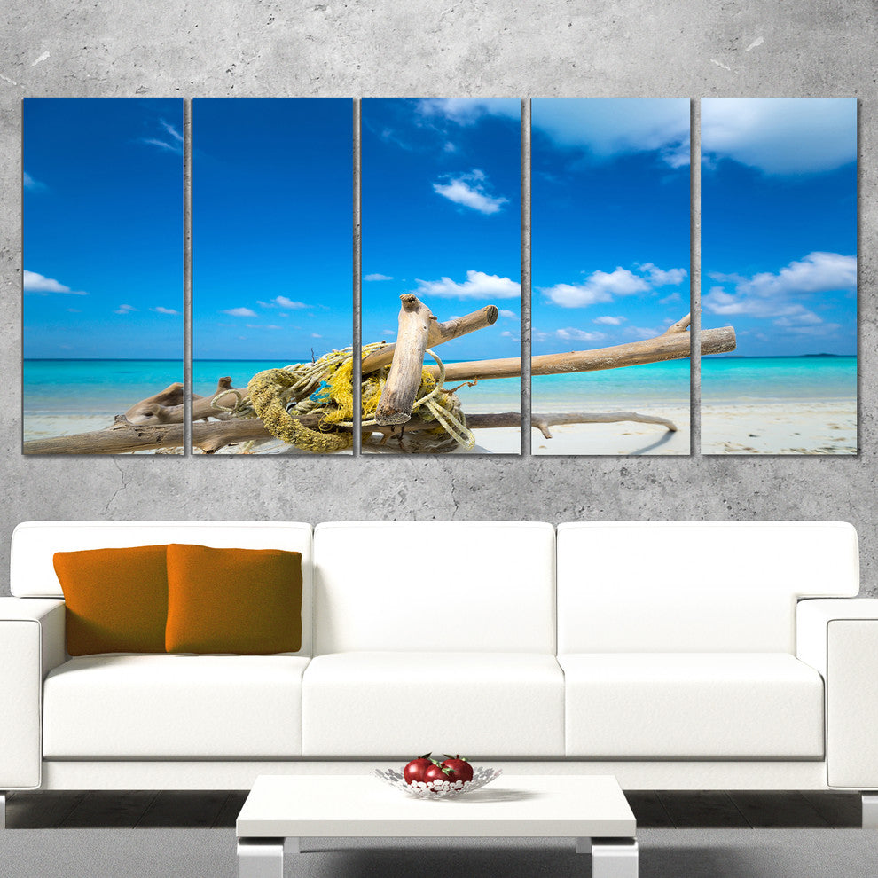 "Deadwood on White Sand Beach" Contemporary Seascape Wall Art, 5 Panels, 60"x28"